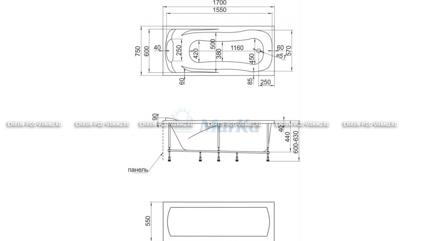 Акриловая ванна 1MarKa Calypso 170x75 – купить по цене 13950 руб. в интернет-магазине в городе Саранск картинка 22